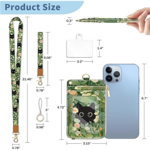 Floral Cat Lanyard Wallet ID Badge Holder RFID Keychain Wristlet Card Holder - Picture 2 of 7